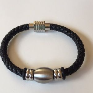 Braided Black Leather and Silver Magnetic Bracelet